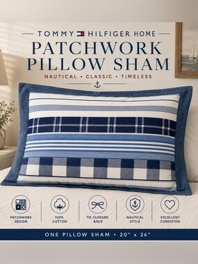 Tommy Hilfiger Home Patchwork Pillow Sham Blue Plaid Cotton 20x26 Nautical